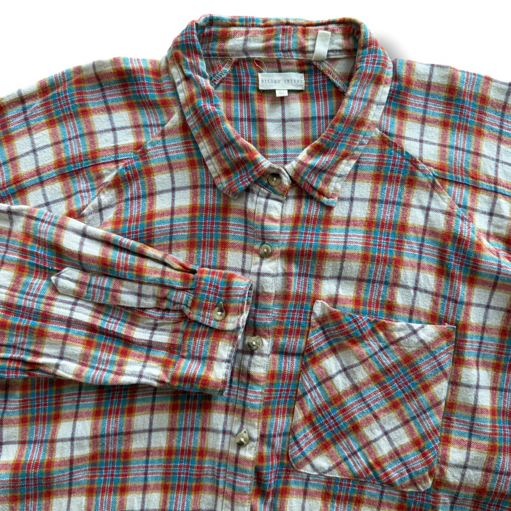 Gilded Intent Women XL Orange Blue Red Plaid Boyfriend Flannel Shirt Frayed Hem